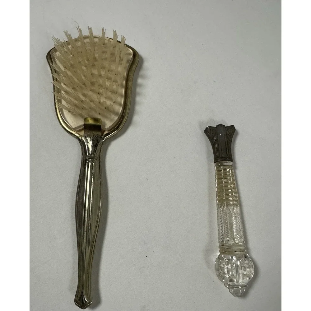 Vintage Silver Tone Hairbrush With Glass Mirror Handle‎